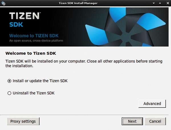 타이젠 SDK 설치 관리자 첫 화면