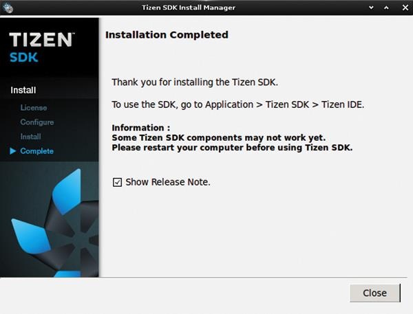 타이젠 SDK 설치 관리자 - 설치 종료