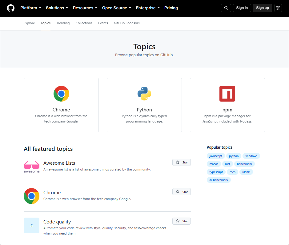 GitHub Topics&nbsp;메인 화면