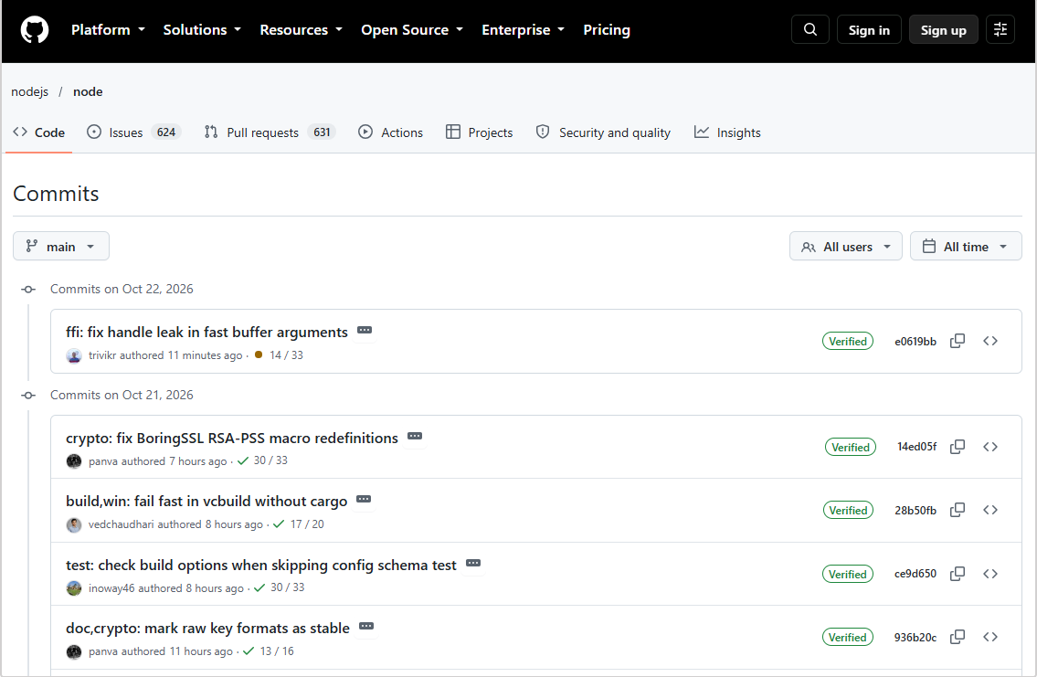 GitHub node.js&nbsp;저장소의&nbsp;Commit&nbsp;목록 화면