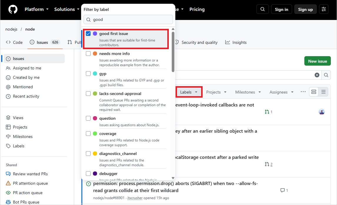 GitHub node.js&nbsp;저장소의&nbsp;Issues&nbsp;탭&nbsp;Labels&nbsp;필터의 검색 선택 화면