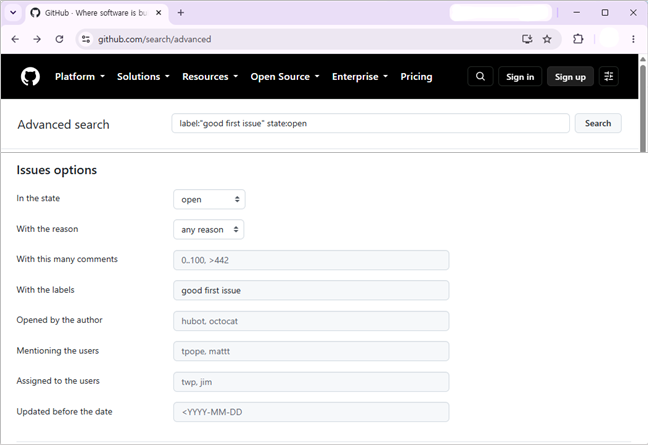 GitHub&nbsp;검색의&nbsp;advanced search에서&nbsp;Issues&nbsp;옵션을 통한 검색