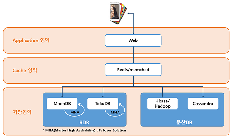카카오톡의 DB는 Web이 있는 Application영역과 Redis/memched을 할 수 있는 Cache영역,RDB(Master High Avaliability : Failover Solution)인  MariaDB, TokuDB와 분산DB인 Hbase/Hadoop, Cassandra가 있는 저장영역으로 이루어 진다.